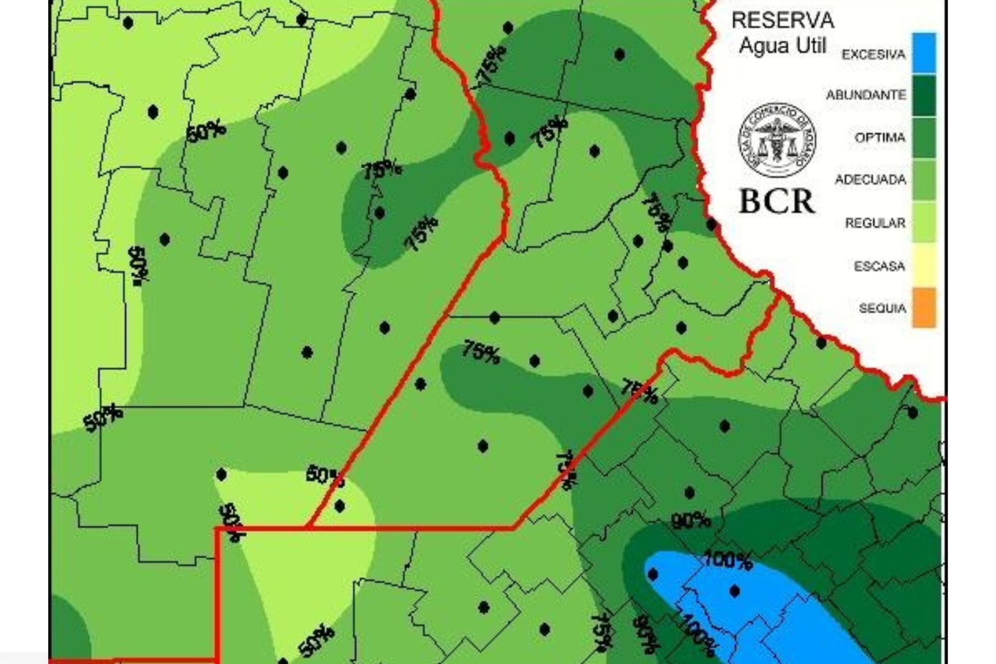 Mapa de reservas de agua útil antes de las lluvias en donde ya se veían excesos