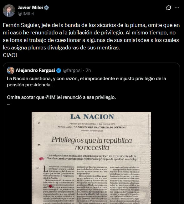 El mensaje de Milei con críticas a LA NACION