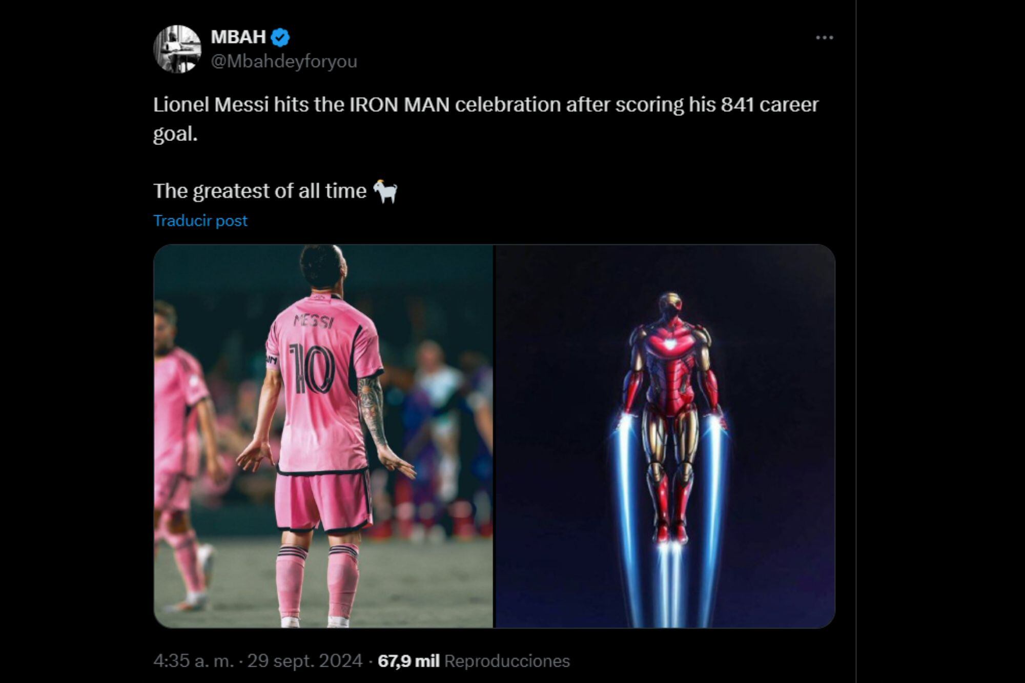 Un posteo de la red social X donde se muestra la comparación entre la celebración de Messi y el vuelo de Iroman