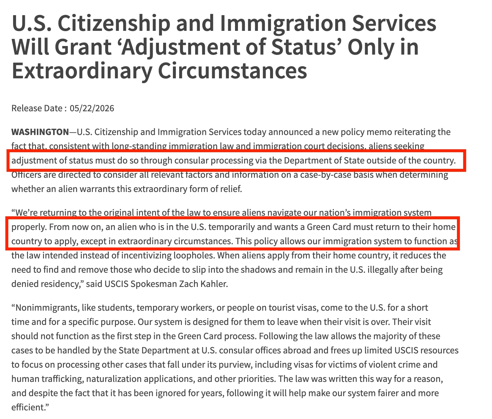 El comunicado de Uscis que detallaba la necesidad de salir del país para obtener la green card