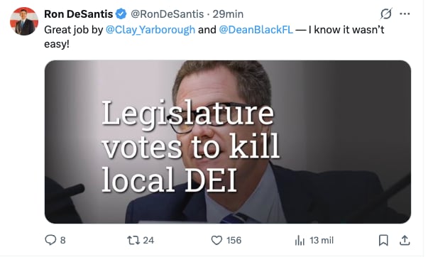 Con un mensaje en X, DeSantis celebró el avance de la ley contra las políticas DEI