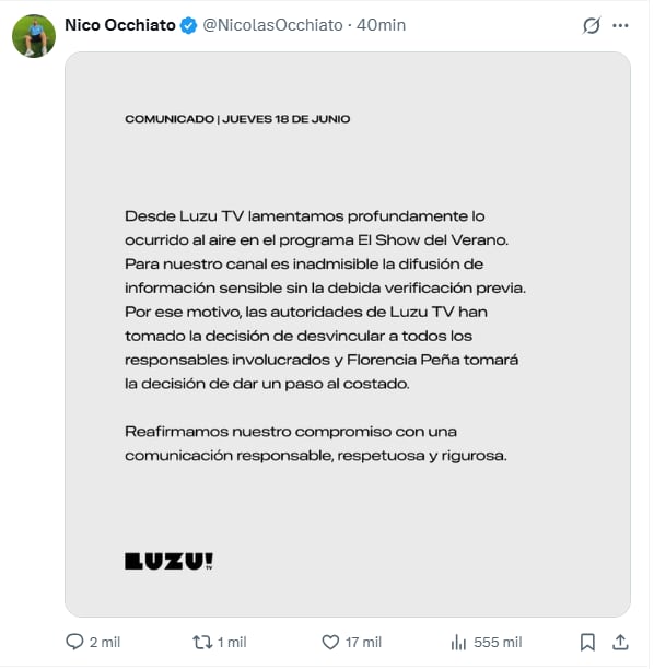 El contundente comunicado de Nico Occhiato tras la fake news de Flor Peña sobre la salud del padre de Messi