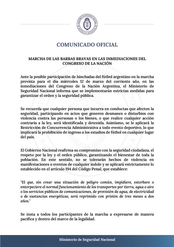El comunicado del ministerio de Seguridad sobre las medidas que se tomarán en la marcha de jubilados de este miércoles 12 de marzo