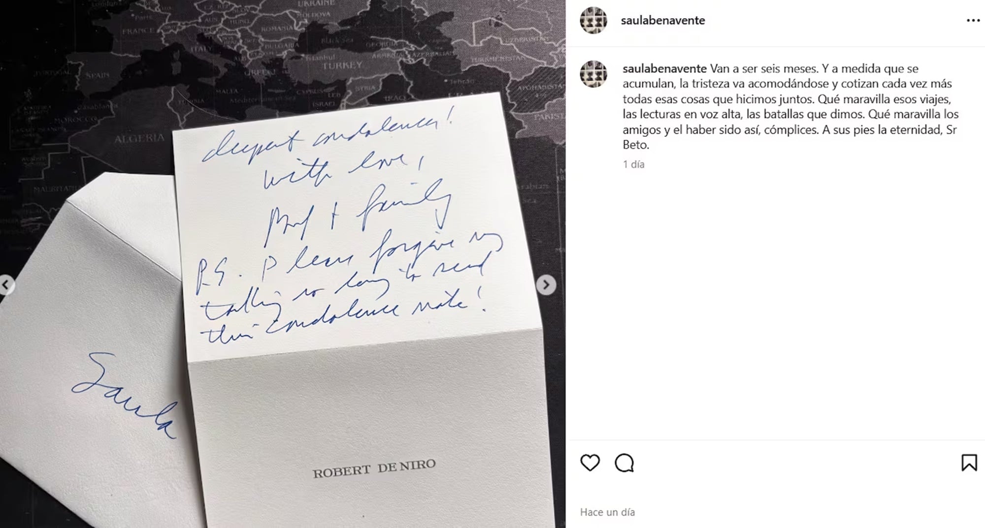 La carta que envió Robert De Niro a Saula Benavente tras la muerte de Luis Brandoni