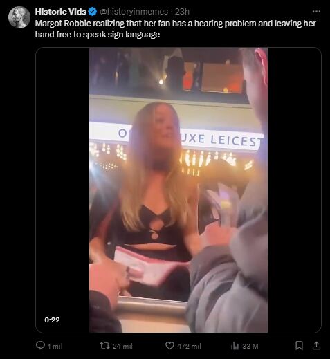 En las últimas horas, se viralizó en redes un video de Margot Robbie que generó elogios y aplausos de los fans (Foto: X @historyinmemes)