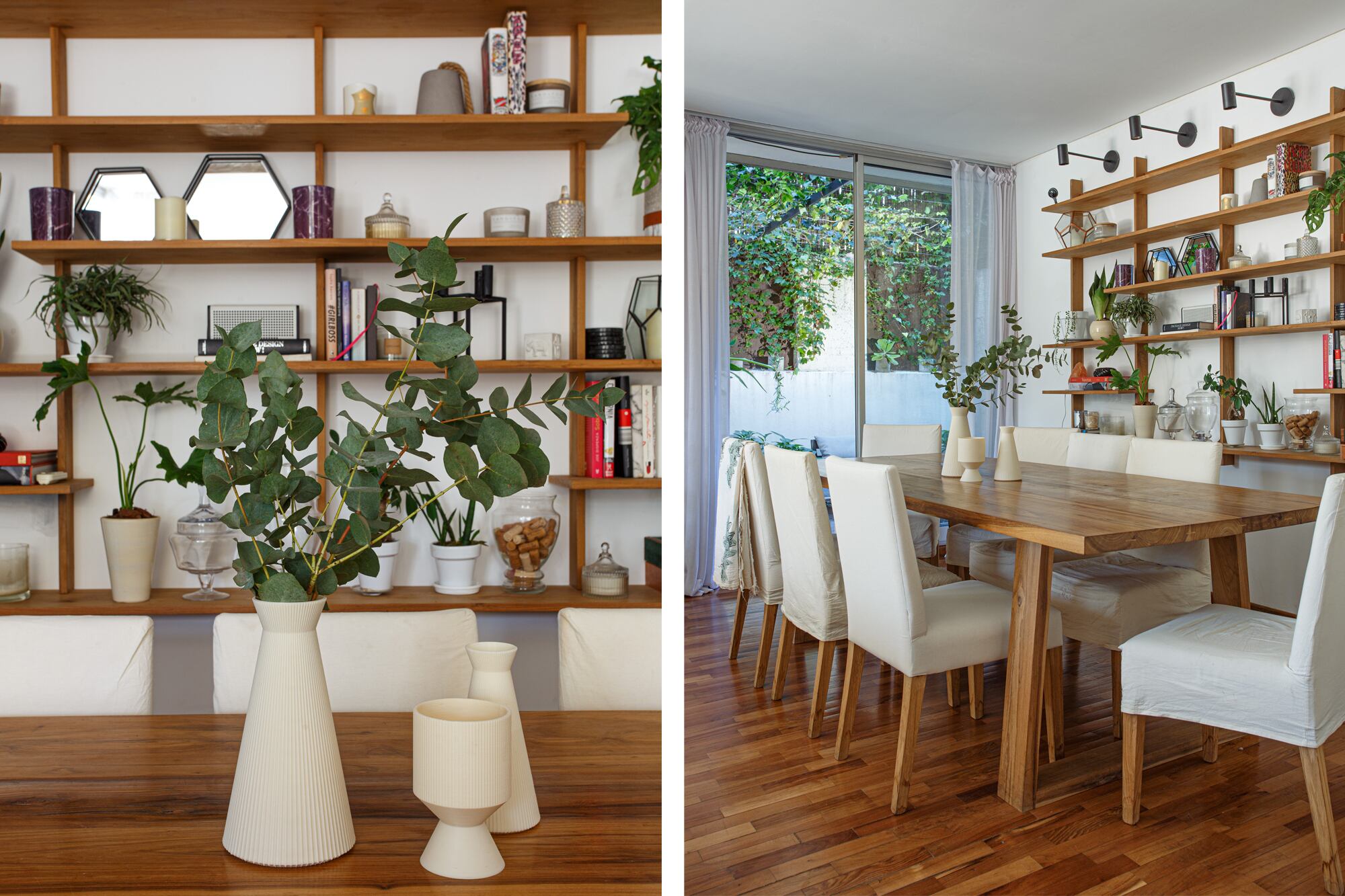 Donde ahora está el comedor antes había un segundo cuarto. Mesa y sillas de petiribí y estantería colgante con estantes móviles (Crudo Home). Floreros (Studio Devél).