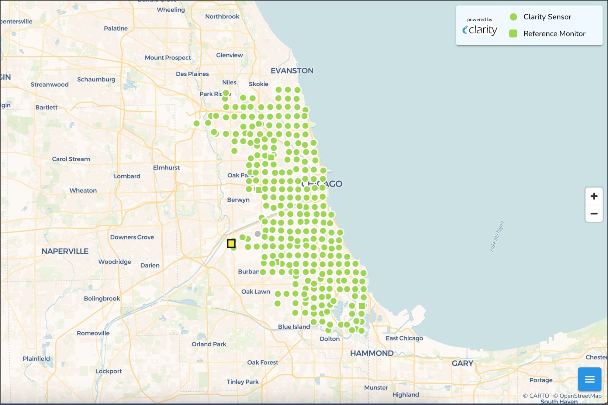 El mapa interactivo de Open Air Chicago muestra los datos de los 277 monitores desplegados para medir la contaminación