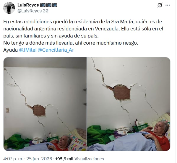 El cuidador de María Alicia Zurli Giraud Billoud pidió ayuda a Javier Milei y a la Cancillería de la Argentina mediante sus redes sociales