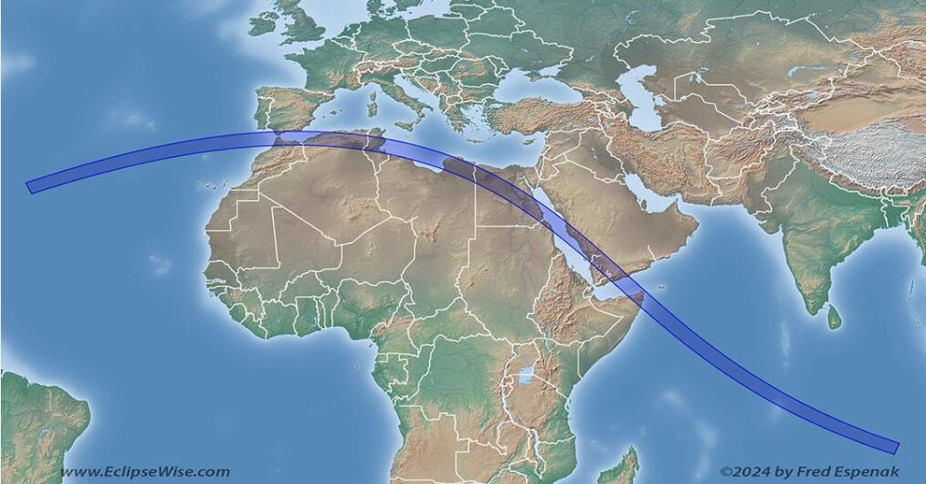 La franja de totalidad cruzará diez países, entre ellos España, Egipto y Arabia Saudita