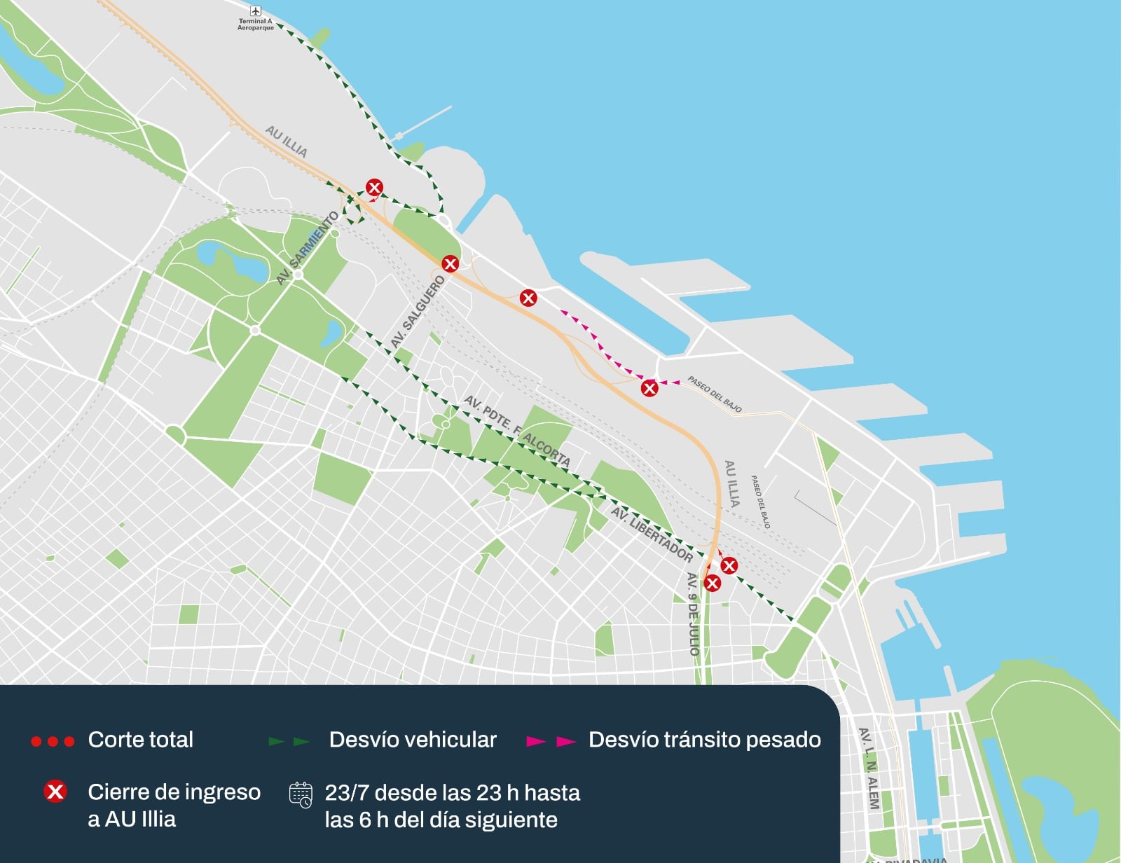 Por obras en el puente Labruna, cerrarán durante siete horas la autopista Illia y la avenida Cantilo 6 El cierre afectará la autopista Illia, la avenida Cantilo y el Paseo del Bajo en sentido norte entre las 23 de este jueves y las 6 del viernes; el tránsito será desviado por las avenidas Figueroa Alcorta y Del Libertador.
