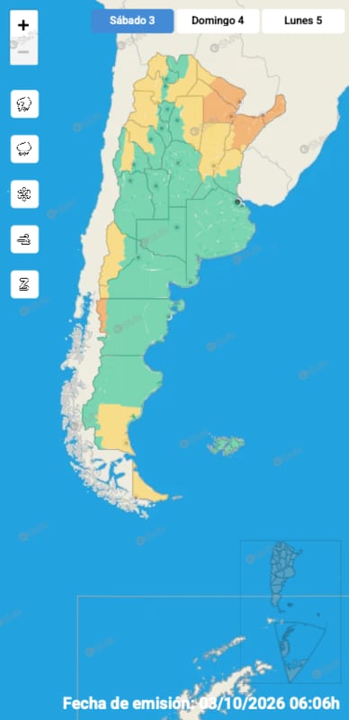 El mapa de alertas del SMN para este sábado