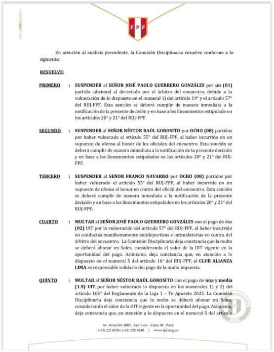 Todas las sanciones que la FPF le otorgó a los integrantes de Alianza Lima
