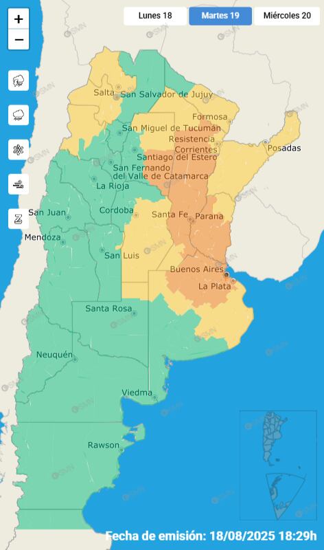Las alertas emitidas por el SMN para este martes 19 de agosto.