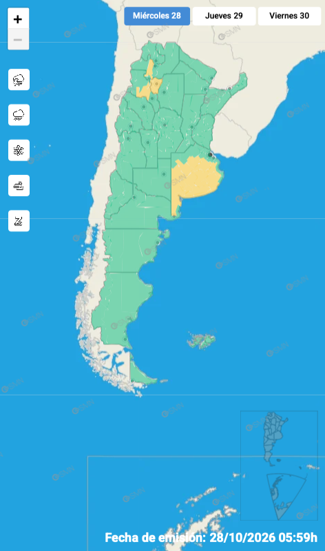 El mapa de alertas del SMN para este miércoles