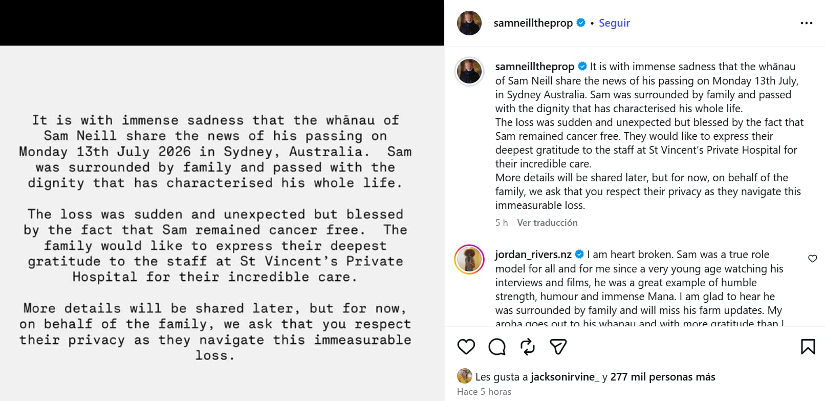 El comunicado de la familia de Sam Neill tras su muerte