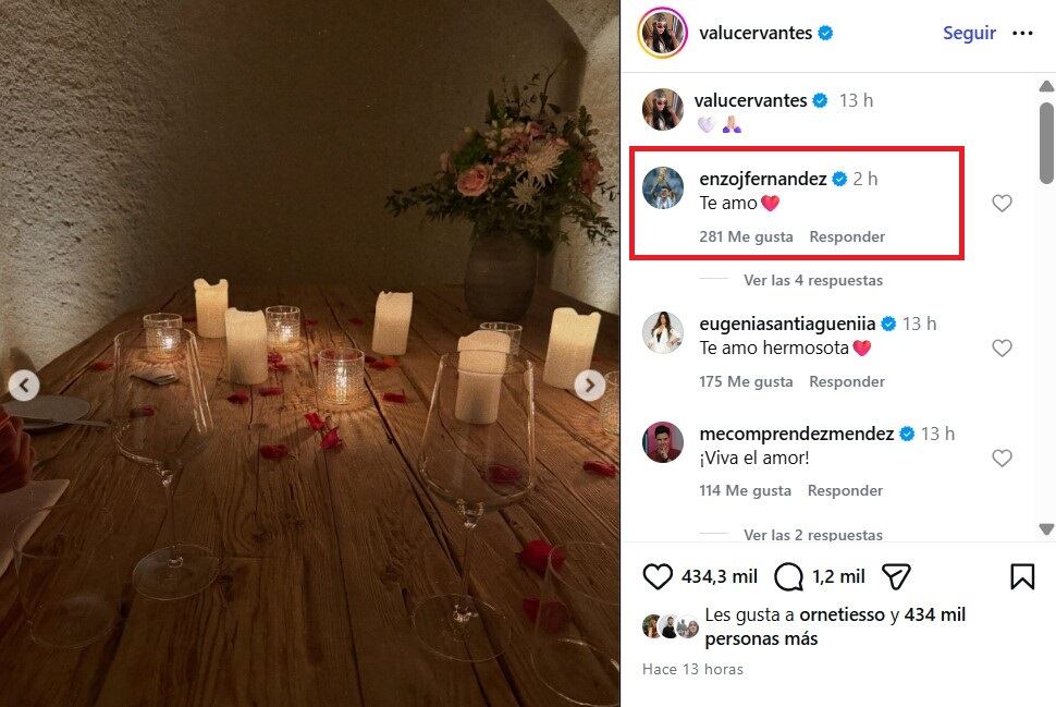 El comentario de Enzo Fernández en el posteo de Valu Cervantes