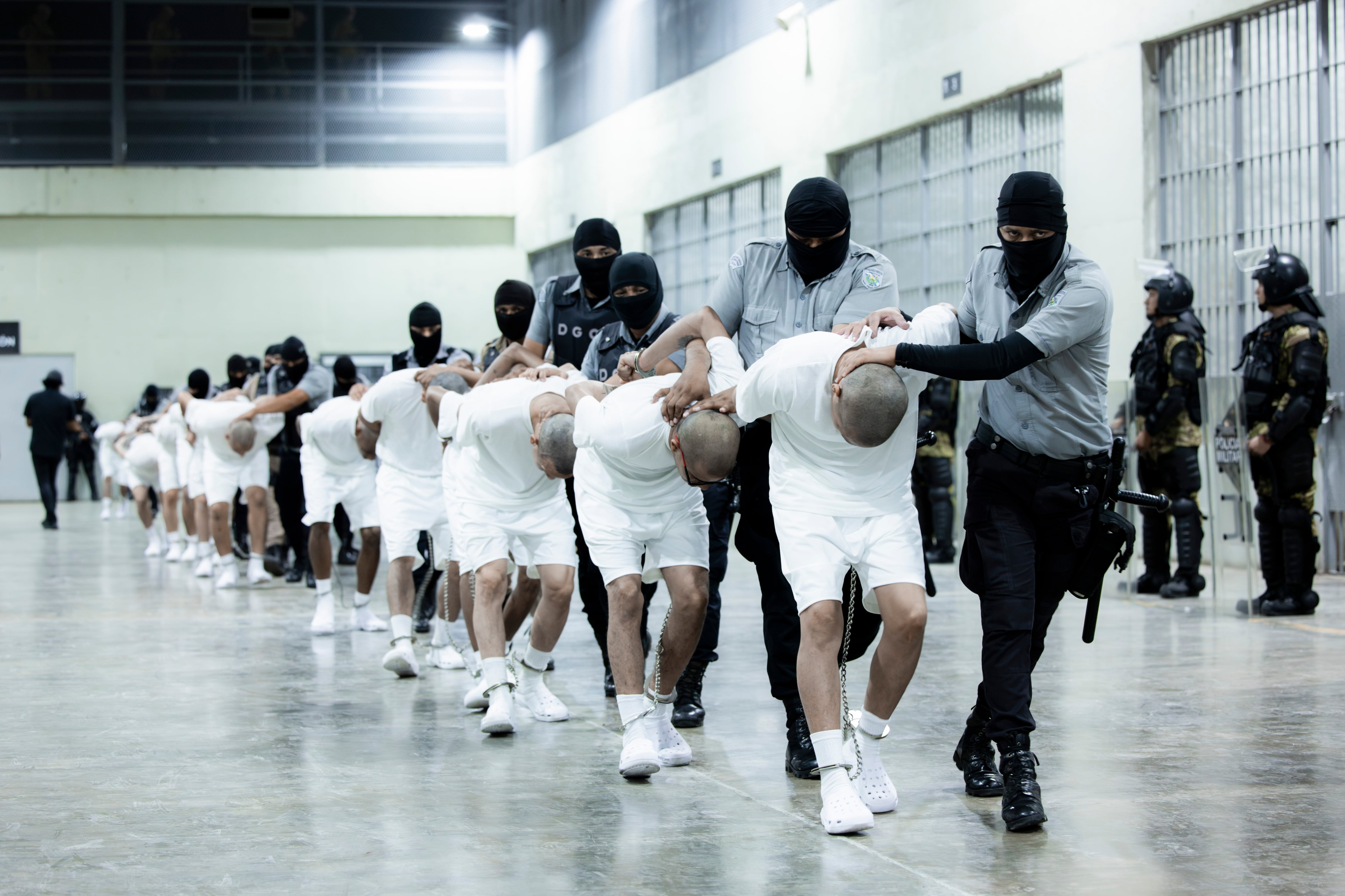 En esta foto suministrada por la oficina de la Presidencia de El Salvador, se ve a carceleros trasladando a personas deportadas por EEUU a la prisión CECOT en Tecoluca, El Salvador, el domingo 16 de marzo de 2025. (Presidencia de El Salvador vía AP)