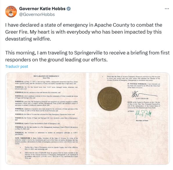 Mediante su cuenta en X, Hobbs priorizó las evacuaciones en el condado de Apache