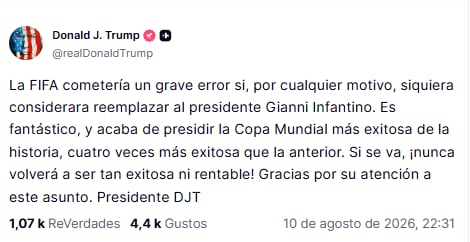 El posteo de Trump sobre Infantino