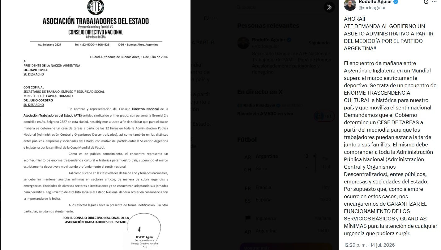 ATE le pidió al Gobierno asueto administrativo para el partido de la selección contra Inglaterra 6 La carta de Aguiar al Presidente