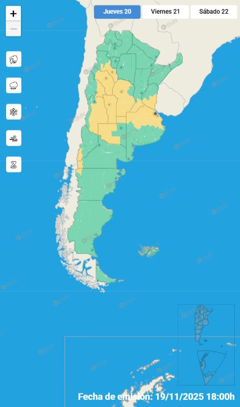 El mapa de alertas para este jueves 20 de noviembre