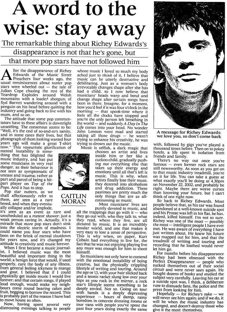 Artículo publicado en The Times aquel año, escrita por la periodista Caitlin Moran, quien menciona que Edwards llevaba meses obsesionado con