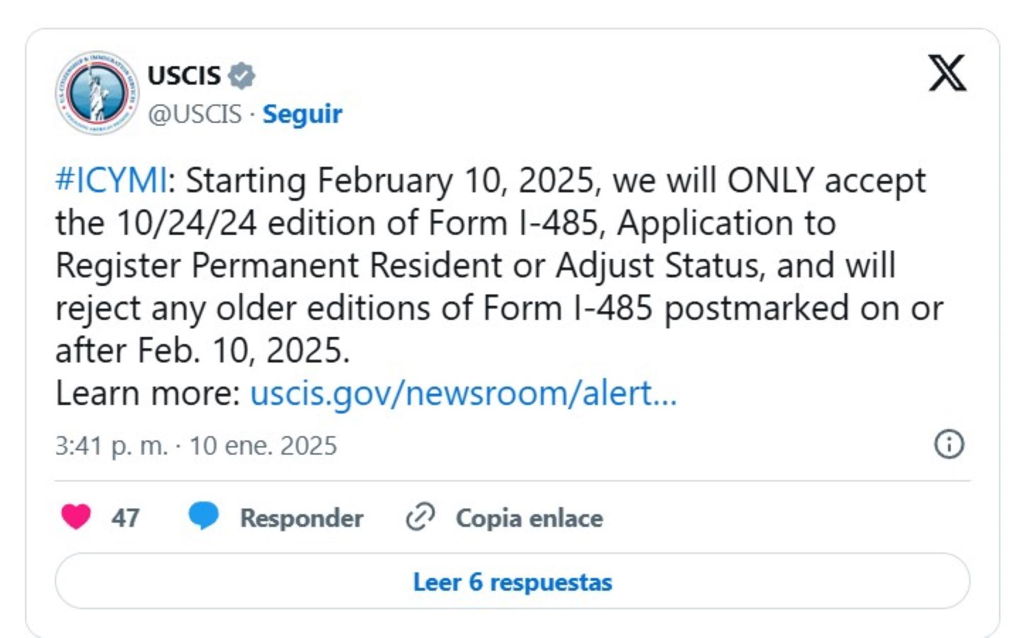 Desde el 10 de febrero, Uscis solo aceptará la versión actualizada del formulario I-485