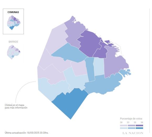 La división del voto por barrios
Violeta: Adorni
Azul: Santoro