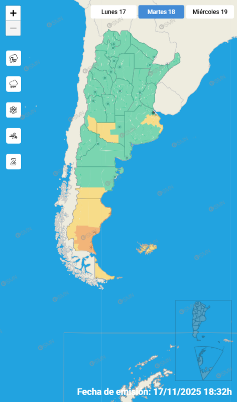 Las alertas emitidas por el SMN para este martes 18 de noviembre