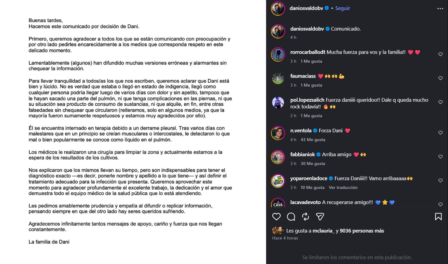 La publicación que realizó la familia de Daniel Osvaldo este martes en medio de su internación