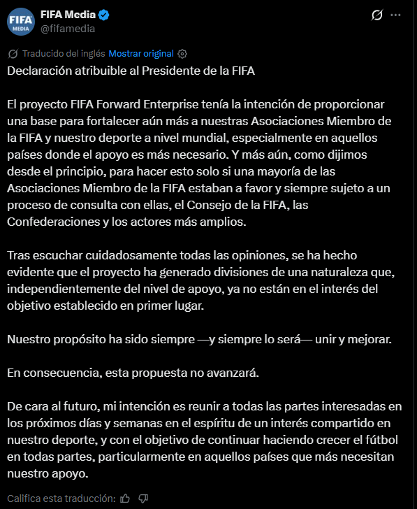 El comunicado de FIFA en redes sociales