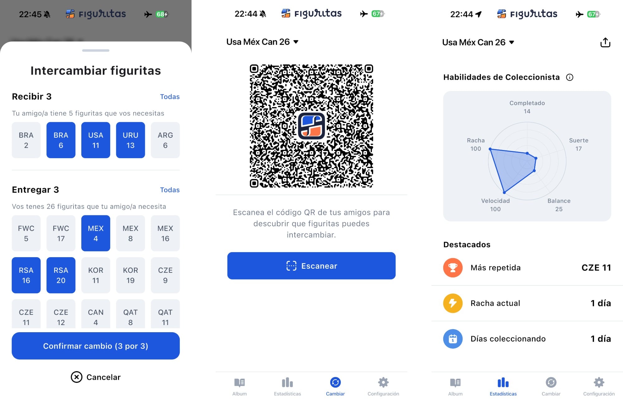 Capturas de pantalla de Figuritas, la app que ayuda a completar el álbum del Mundial 2026