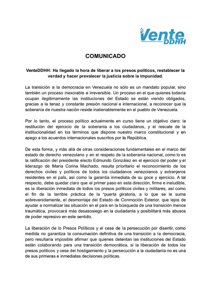 El partido de Machado exigió la liberación inmediata de los presos políticos.
