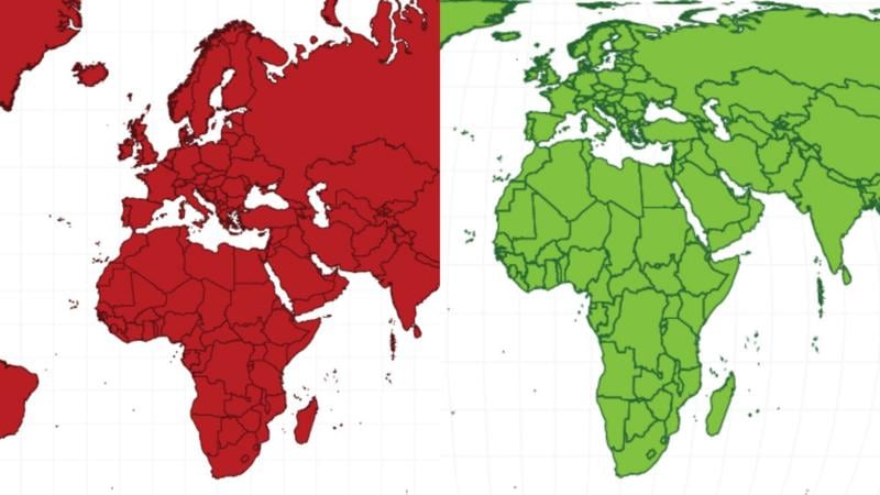 La proyección de Mercator (en rojo a la izquierda) muestra a Europa más grande con respecto a África de lo que en realidad es (en verde, la proyección Equal Earth).