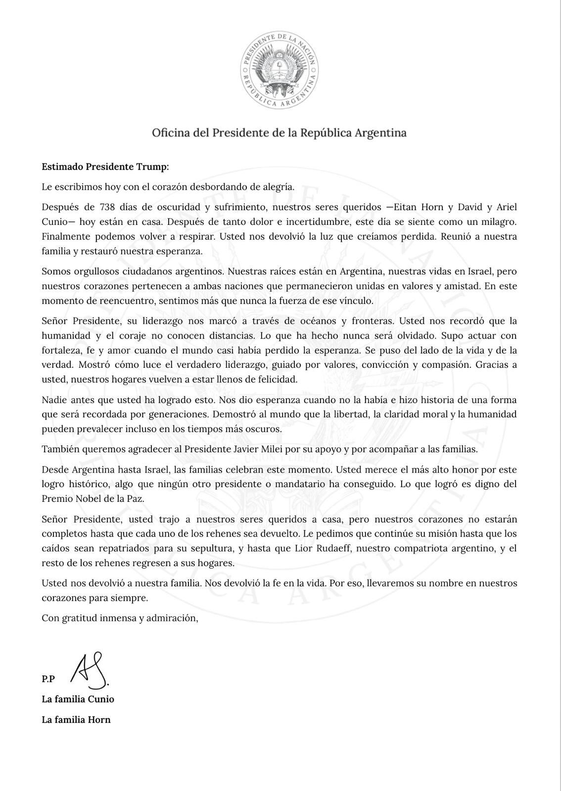 Imagen de la carta entregada al presidente norteamericano con las firmas de las familias Horn y Cunio. Fuente: X