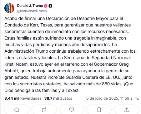 El comunicado de Donald Trump sobre la Declaración de Desastre Mayor en Texas