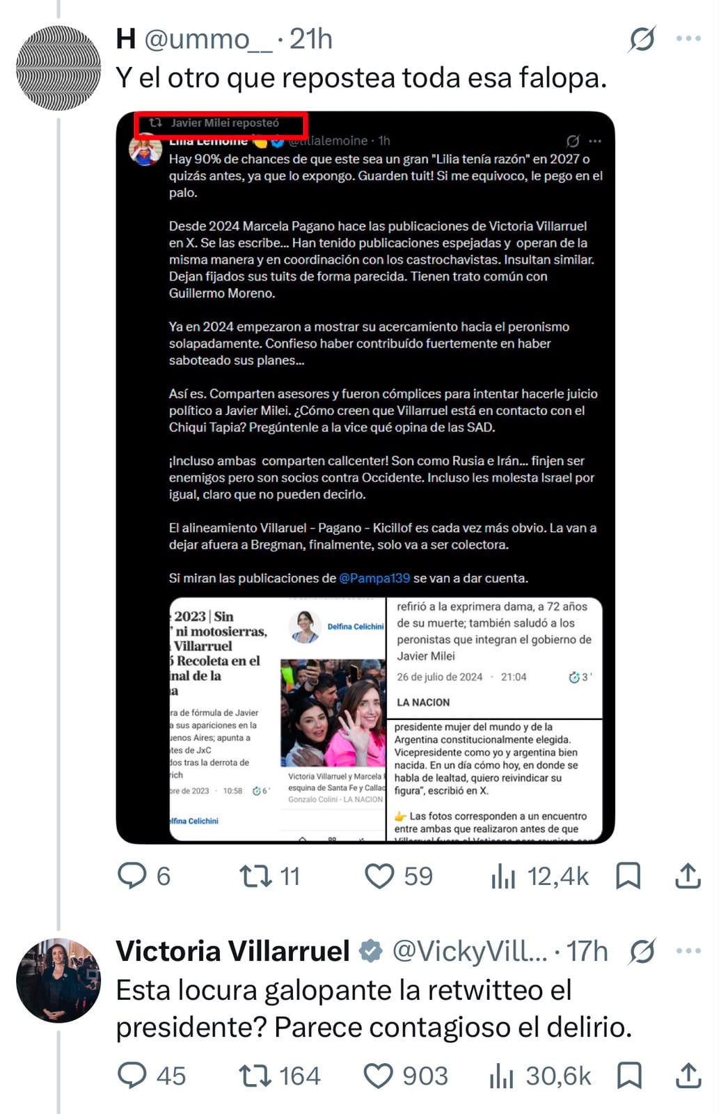 Uno de los tuits de Victoria Villarruel sobre Javier Milei