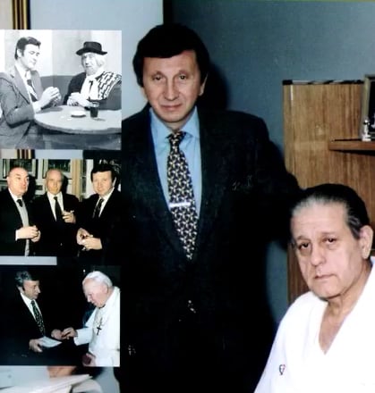 Luis Landriscina junto al doctor René Favaloro, Héctor Larrea, Juan Manuel Fangio y el Papa Juan Pablo ll
