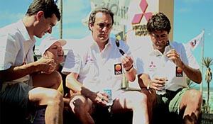 Junto a otros dos referentes del automovilismo argentino, Gabriel Furlan y René Zanatta, en una presentación del equipo Mitsubishi de Turismo Competición 2000 en Pinamar.