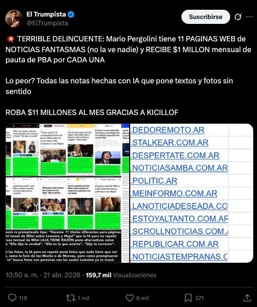 El posteo en el que se acusa a Pergolini de cobrar pauta con portales