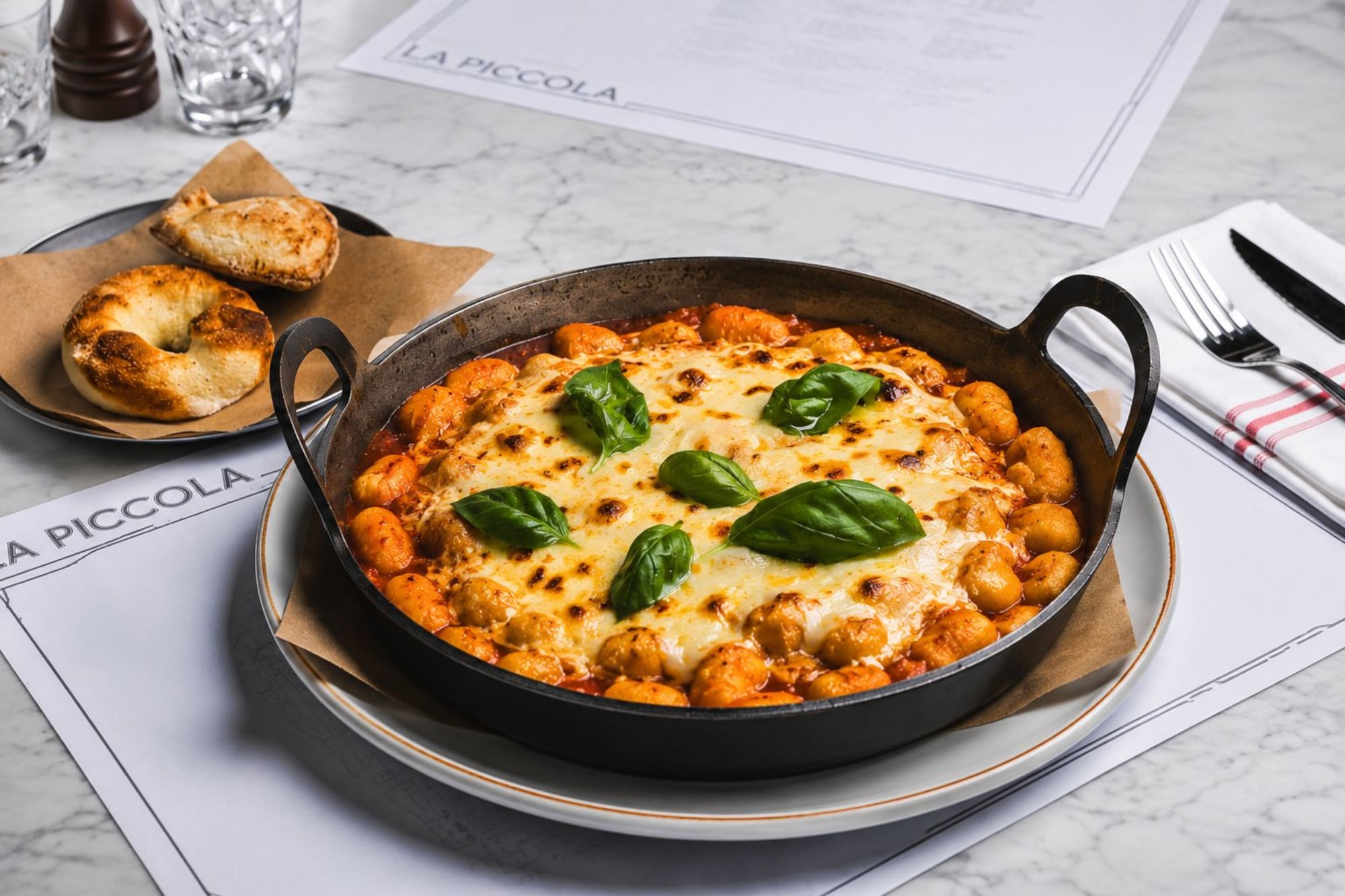 Ñoquis se hacen a mano y se sirven con salsa de tomate, mozzarella gratinada y albahaca fresca de La Piccola