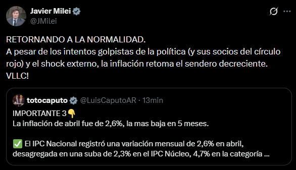 El tuit del presidente Javier Milei sobre la inflación