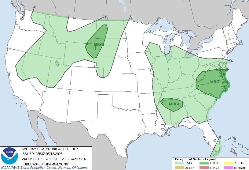 Alerta por tormentas severas. Tres regiones en riesgo: Carolinas, sur centro y Dakotas con posibilidad de granizo y vientos dañinos