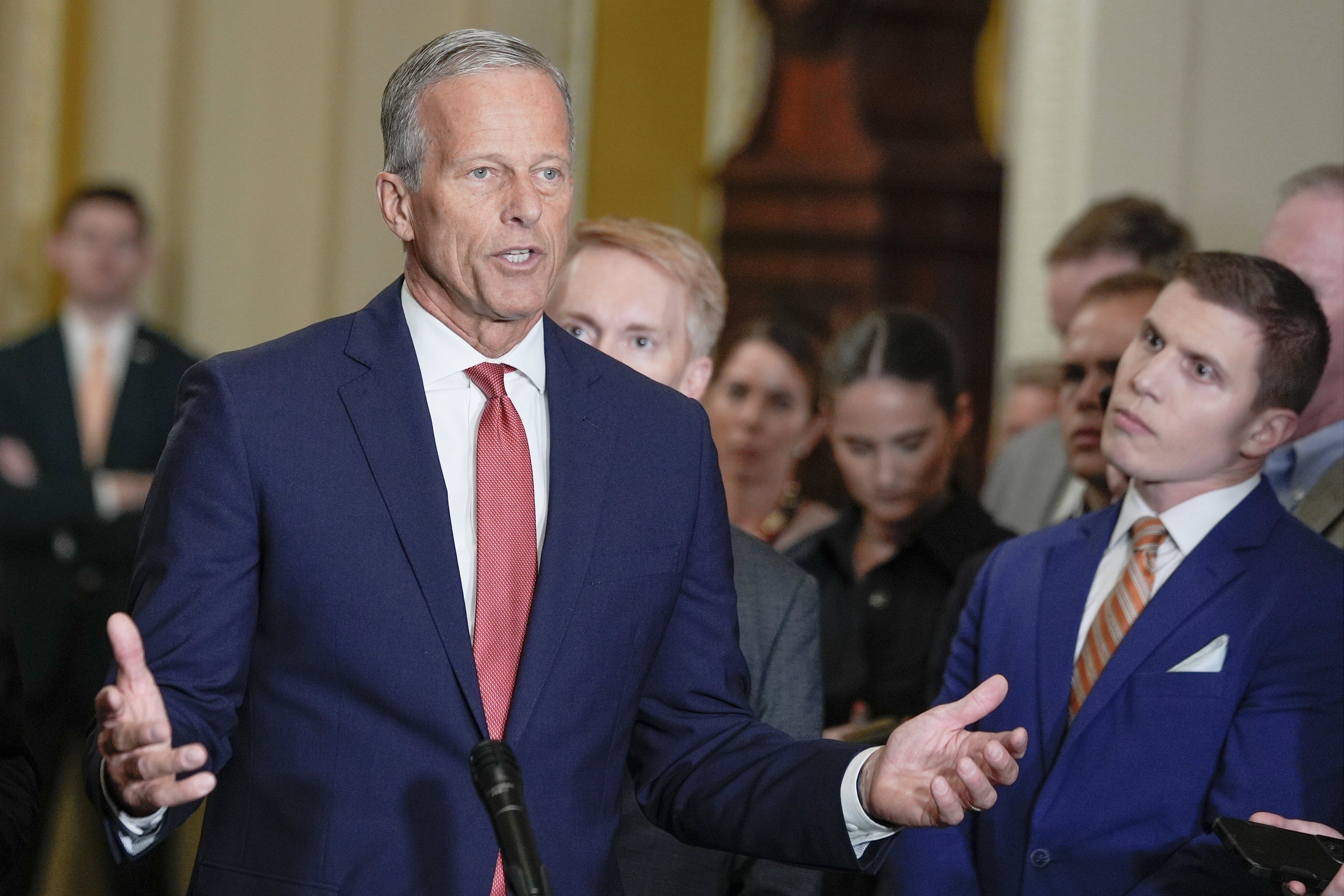 El líder de la mayoría en el Senado, John Thune, (Republicano de Dakota del Sur)., habla con la prensa en el Capitolio. (AP Photo/Mariam Zuhaib)