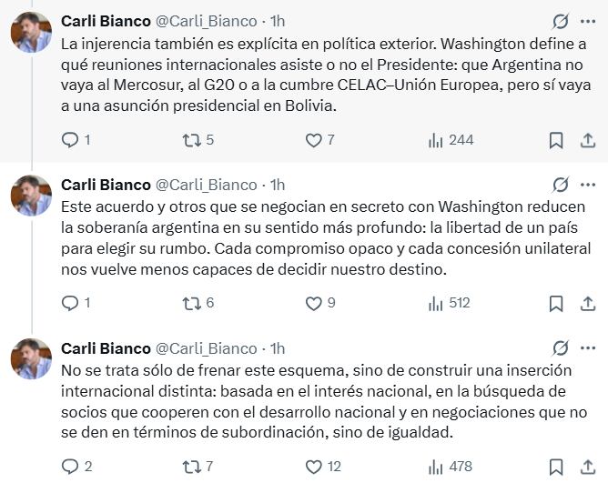 Carlos Bianco sostiene que el acuerdo comercial con EE.UU. reduce la capacidad de Argentina para decidir su propio futuro (X: @Carli_Bianco)