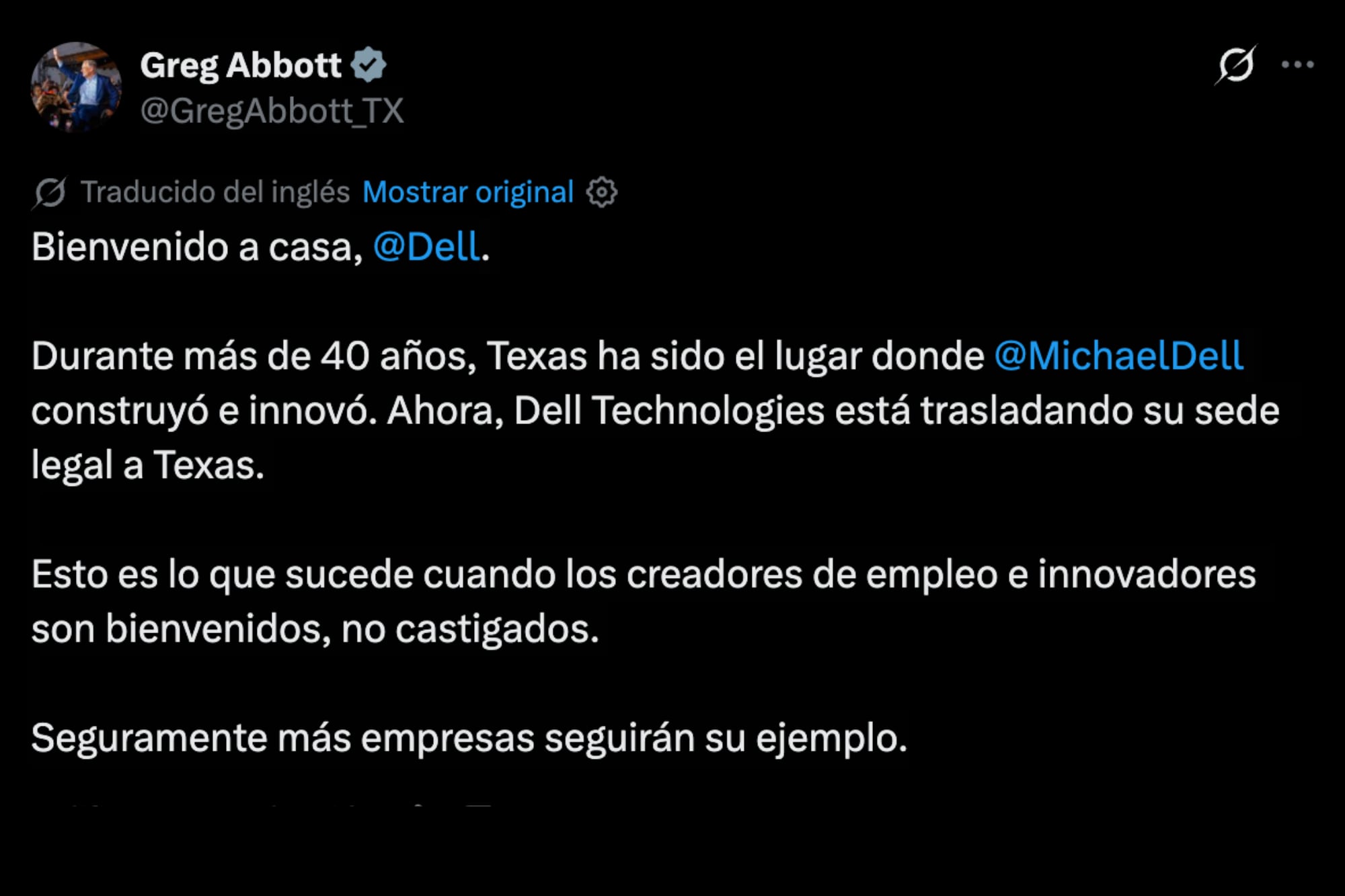 Texas le gana a Delaware: Dell Technologies traslada su sede legal al estado de Greg Abbott 6 El gobernador sostuvo que el cambio refleja un entorno favorable para innovadores y generadores de empleo