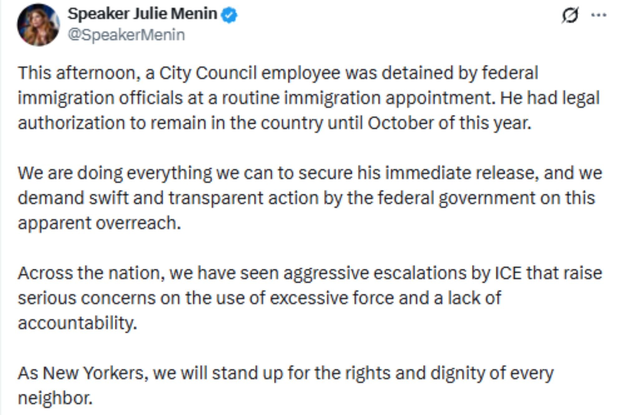 Julie Menin detalló el arresto de un empleado del Ayuntamiento durante una cita migratoria