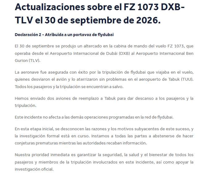 El nuevo parte de flydubai respecto del incidente.