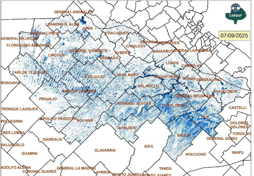 Mapa de exceso hídrico en el centro oeste bonaerense