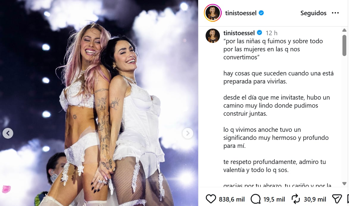 La dedicatoria de Tini a Lali tras presentarse en su show
